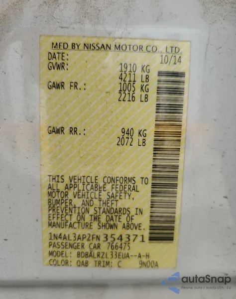 2015 Nissan Altima 2.5 из США, поврежденный, VIN 1N4AL3AP2FN354371